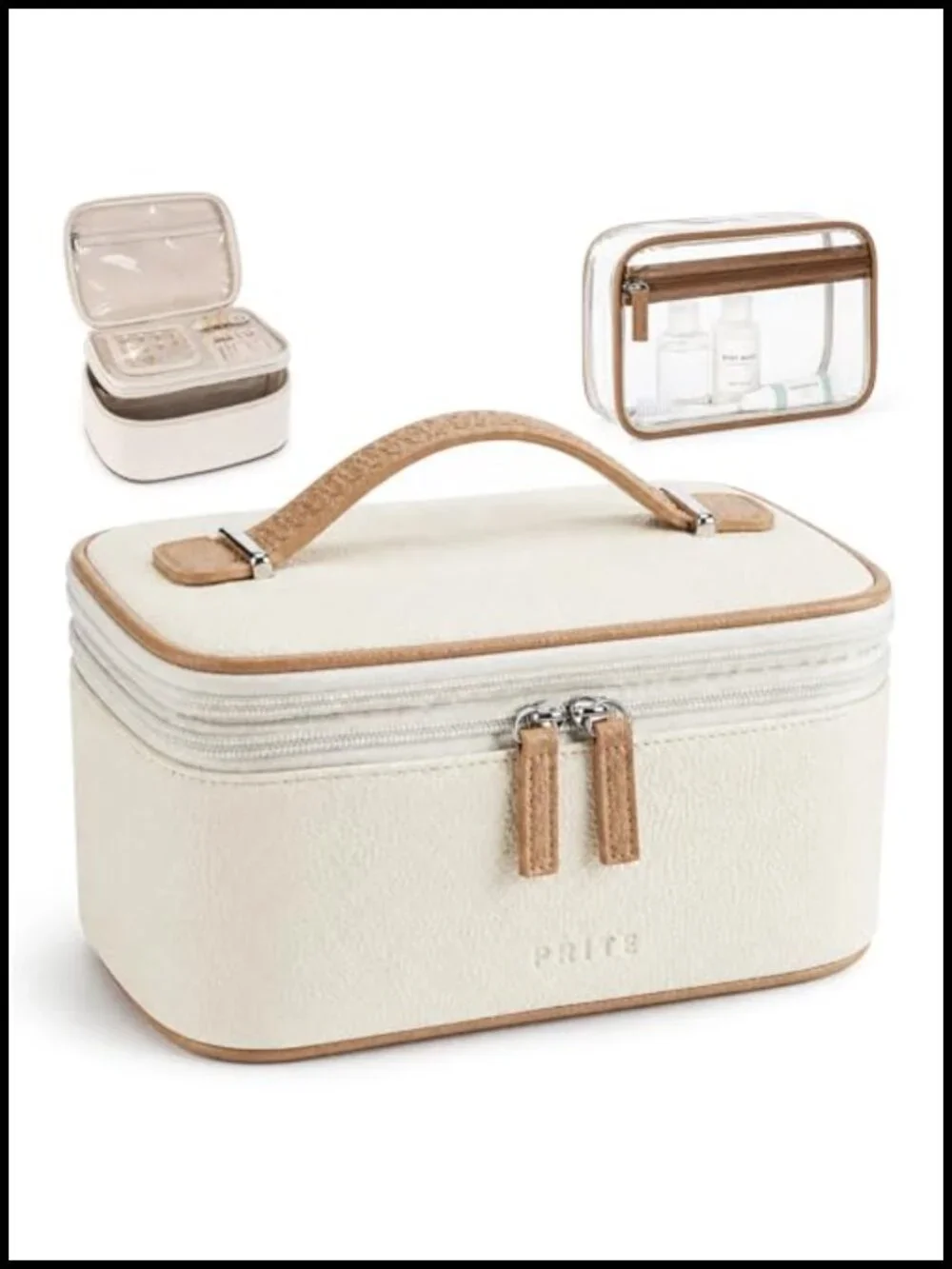 2 Pc Makeup Bag Set Travel Cosmetic Case Vegan Leather Jewelry Organizer Clear